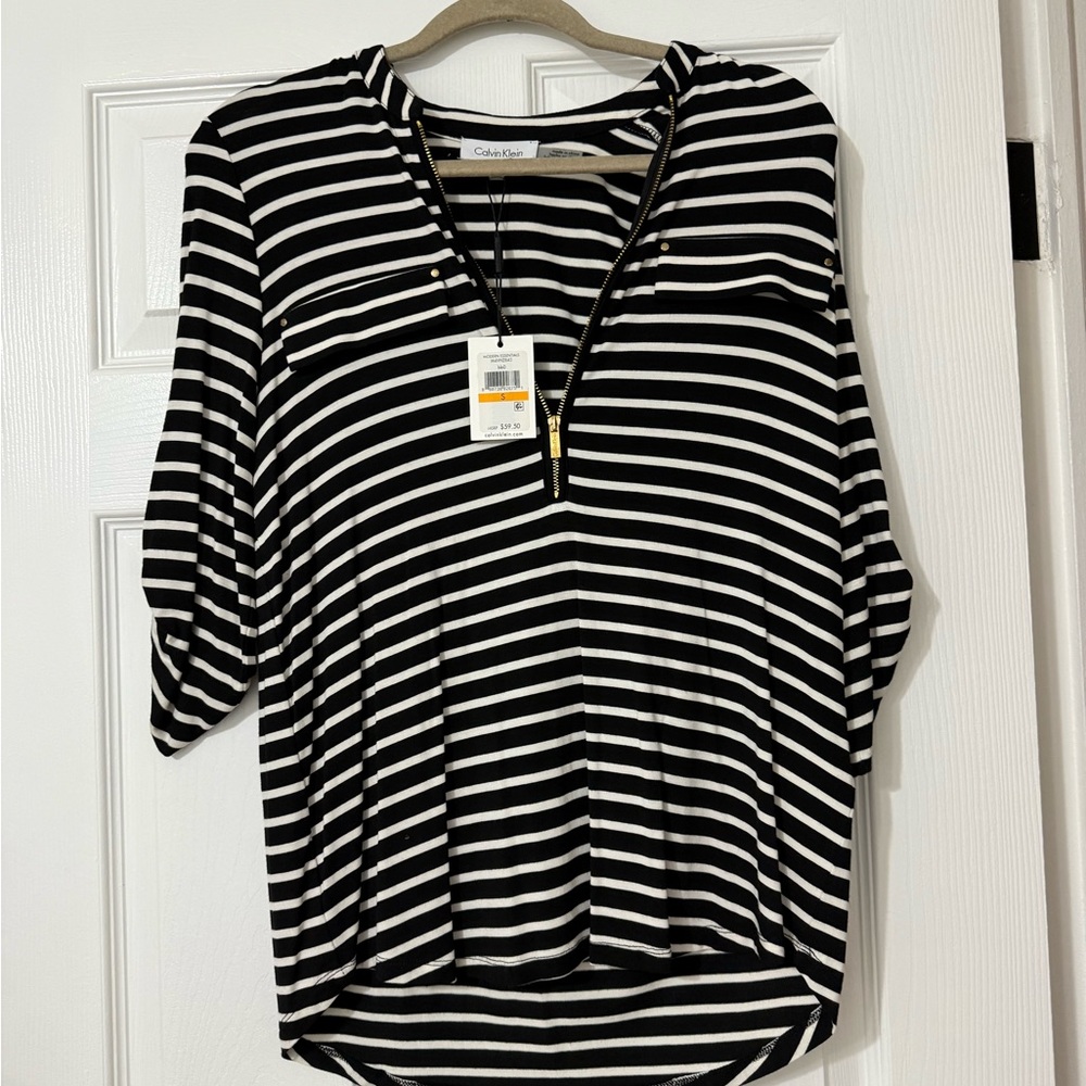 Calvin Klein Black and White Striped Blouse